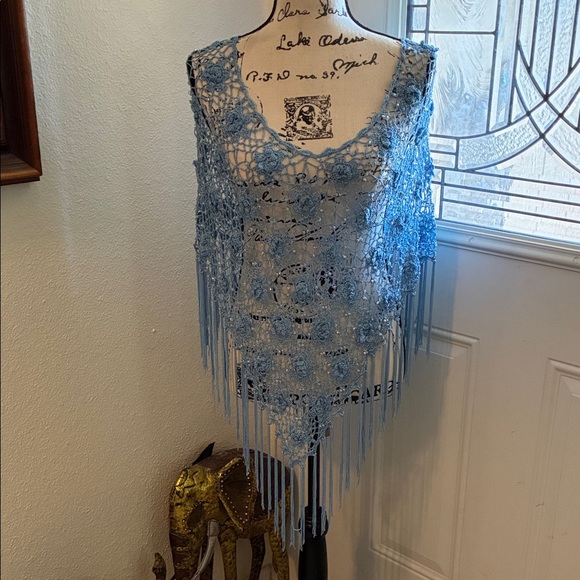 unbranded Accessories - Stunning Blue Crochet Fringe Shawl with Rose Pattern, Fringes & Tiny Beads